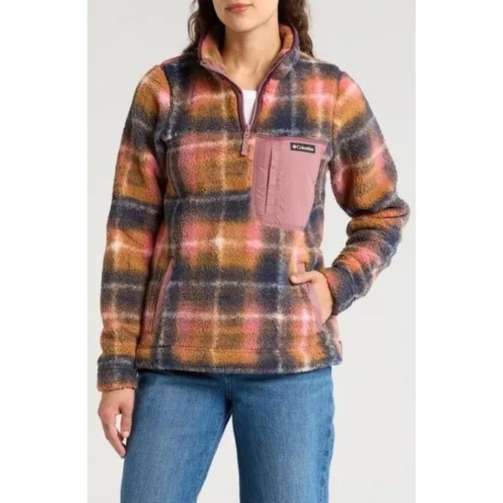 Columbia West Bend Sherpa Fleece Pullover Plaid Quarter Zip Jacket AL0537 Medium